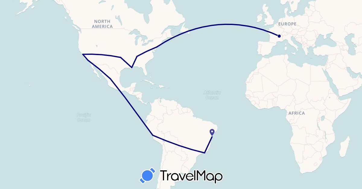 TravelMap itinerary: driving, hiking in Brazil, France, Mexico, Peru, United States (Europe, North America, South America)